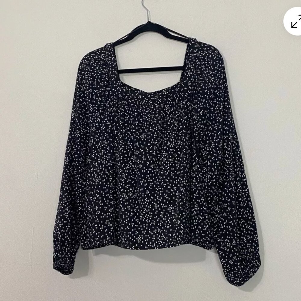 GAP Women's Blouse Printed Square-Neck with Bishop Sleeves Black & White XL
